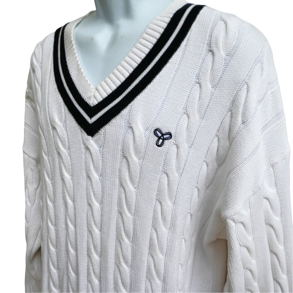 TNA White Varsity Tennis 3D Cable Knit Sweater V Neck Pullover Cotton Blend S